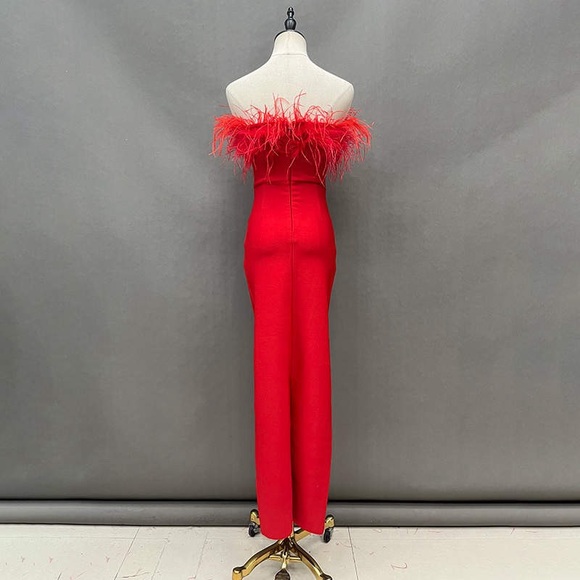 Red Strapless V Neckline Ostrich Feather Bandage Maxi Dress - NWT - Picture 2 of 3